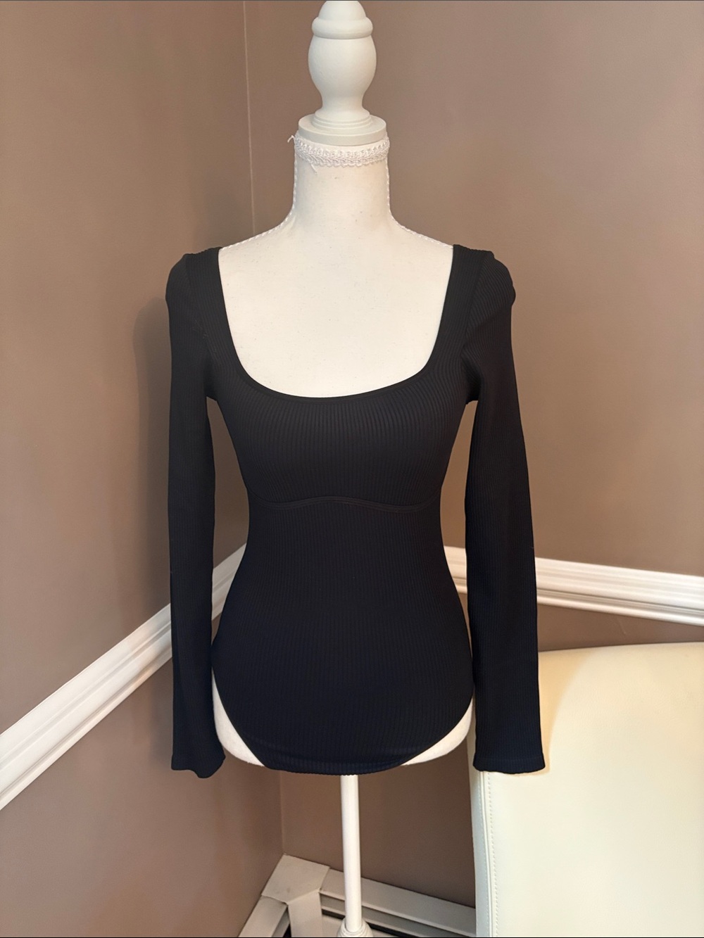 PINK Victoria's Secret Black Ribbed Scoop Neck Long Sleeve Bodysuit